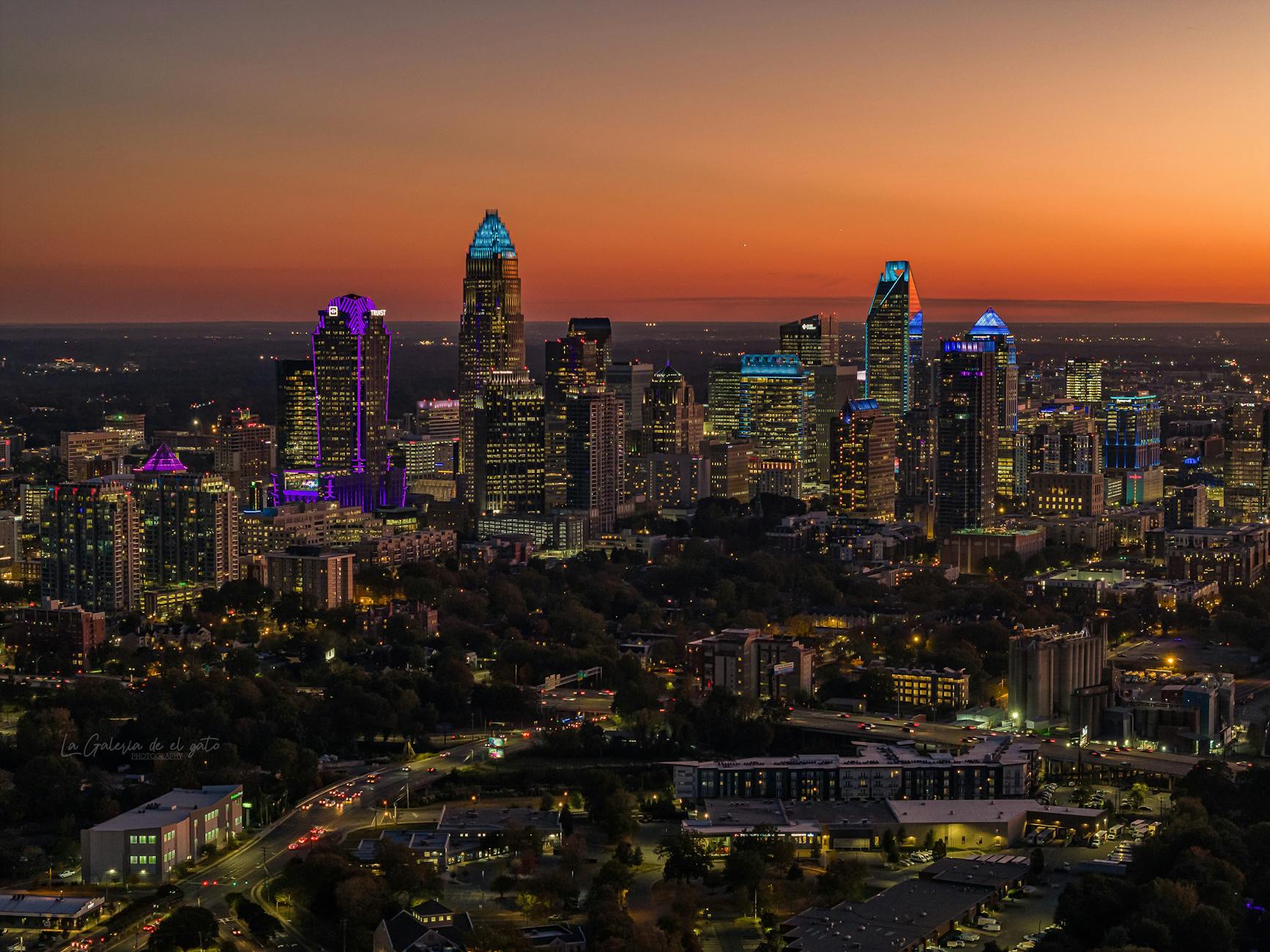 Evening image of skyscrapers in Charlotte, NC.